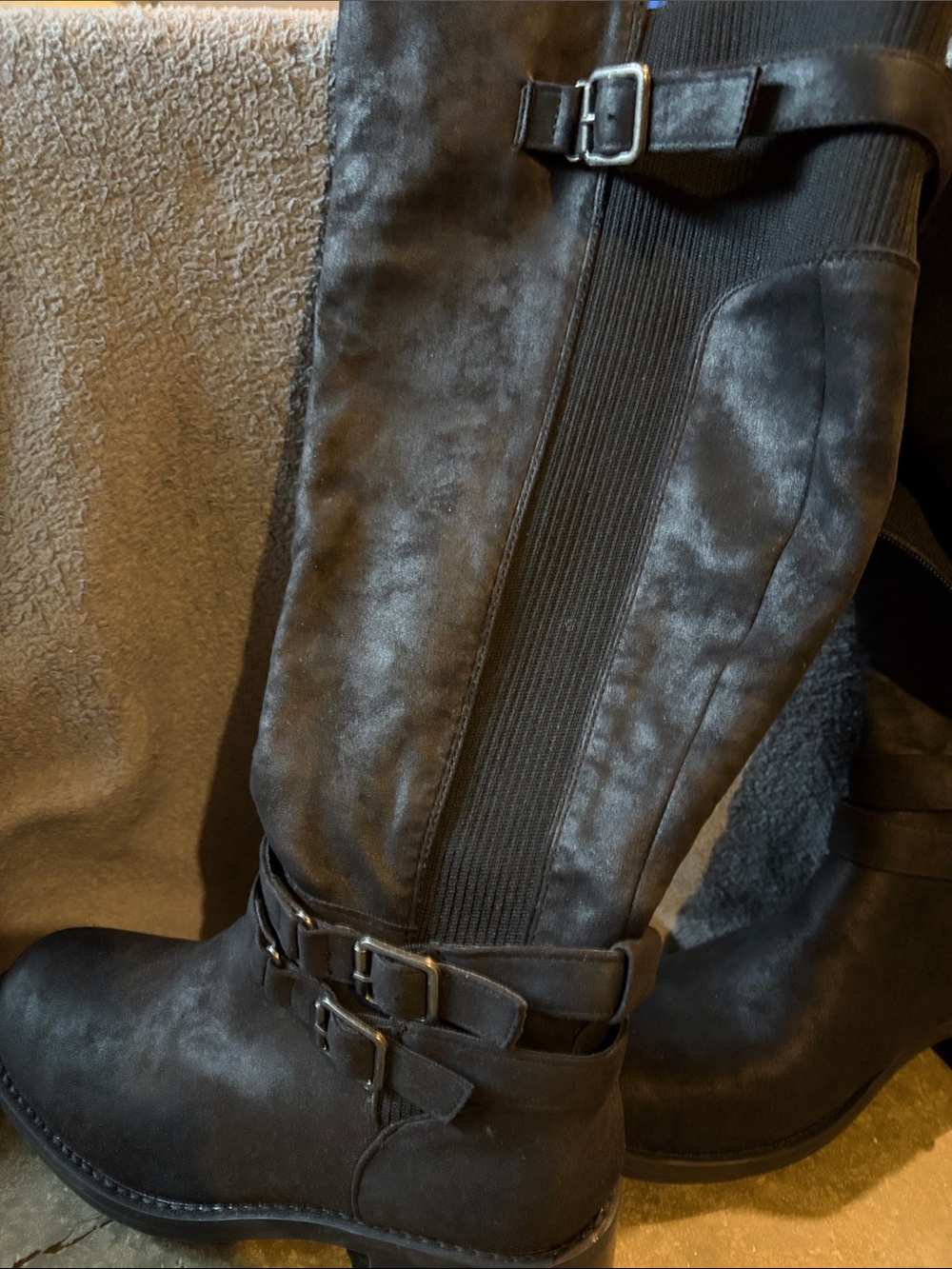 Crown Vintage Black Knee-High Buckle Riding Boots